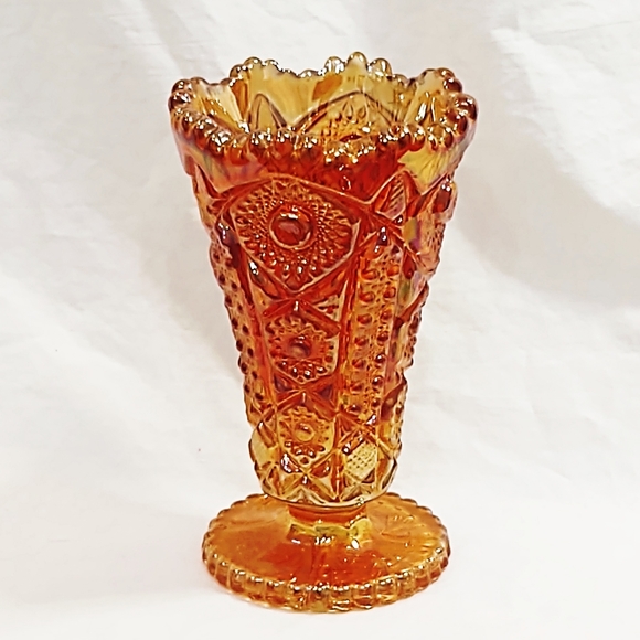 Vintage Imperial Glass Iridescent Marigold Daisy & Button Carnival Glass Vase - Picture 2 of 7
